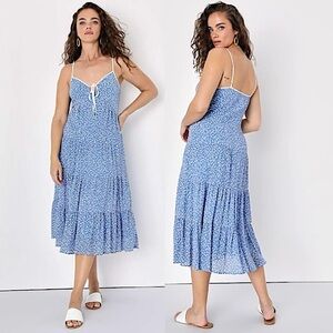 Lulus Trendy Darling Blue Floral Print Tiered Sleeveless Midi Dress, Size L, NWT